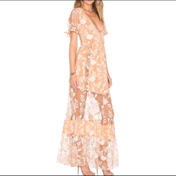 FOR LOVE & LEMONS MIA MAXI DRESS Lace Overlay Sheer Paneled Tie Detail Boho Chic - Picture 7 of 11